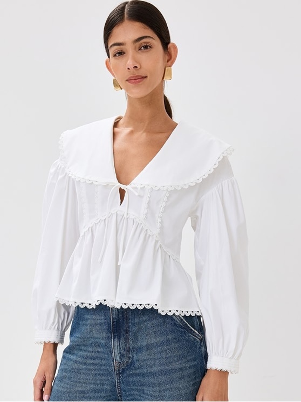 NEW Reformation Renna Top, lace sailor collar, white cotton poplin, size 4 - Picture 6 of 16